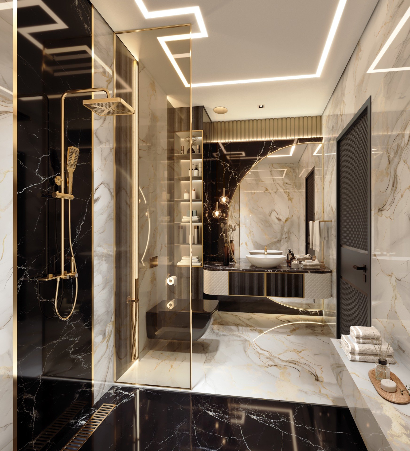 2-bedroom master bathroom in BAYZ 102 Business Bay Dubai - luxury ensuite bathroom with premium fixtures, marble finishes and modern amenities